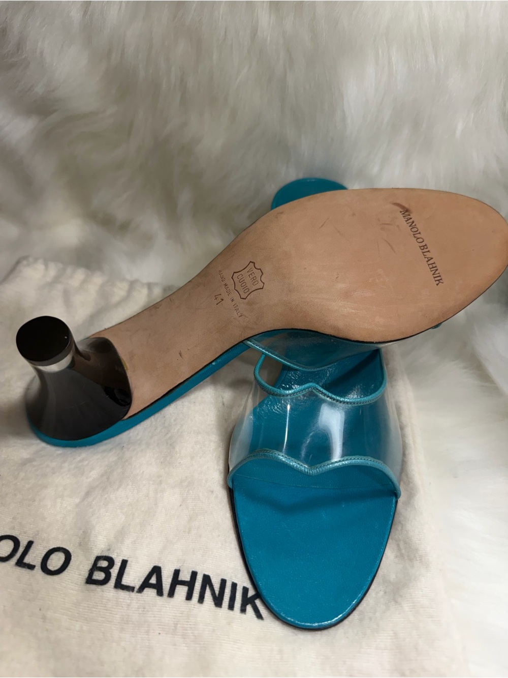 Manolo Blahnik Teal Slide Mules with Clear Strap - Picture 8 of 10